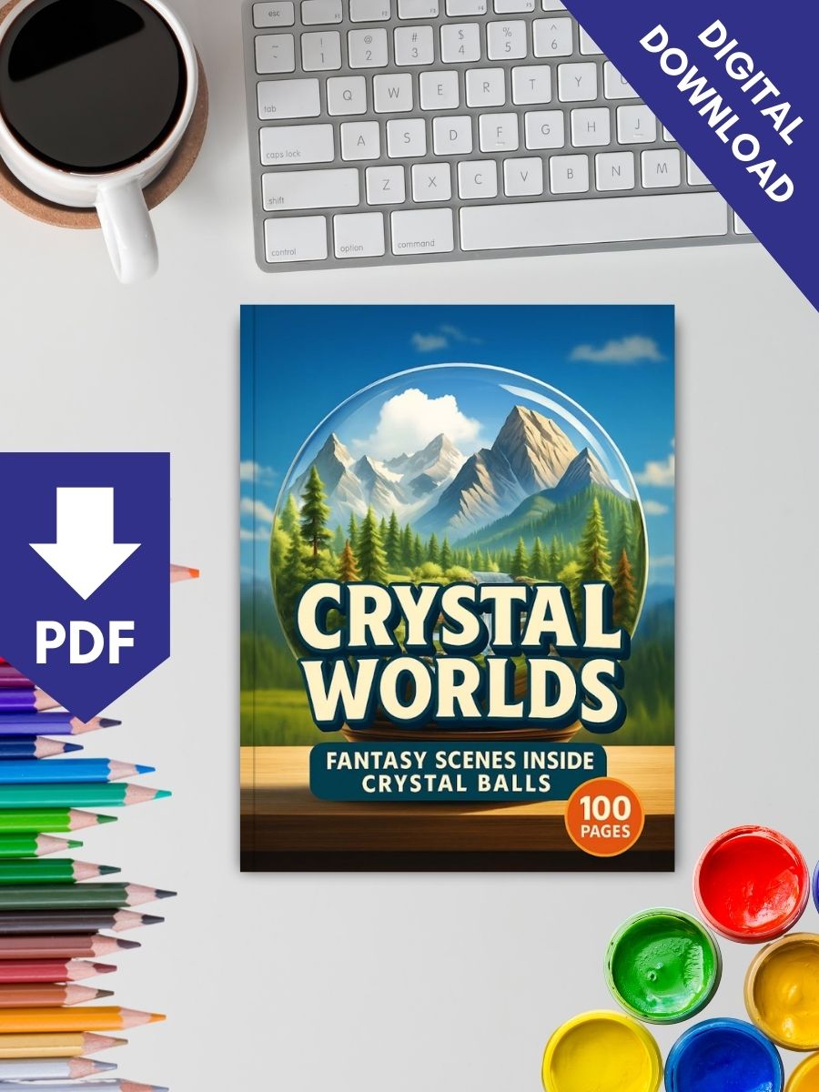 Crystal Worlds – 100 Fantasy Scenes Inside Crystal Balls | Colouring Pics